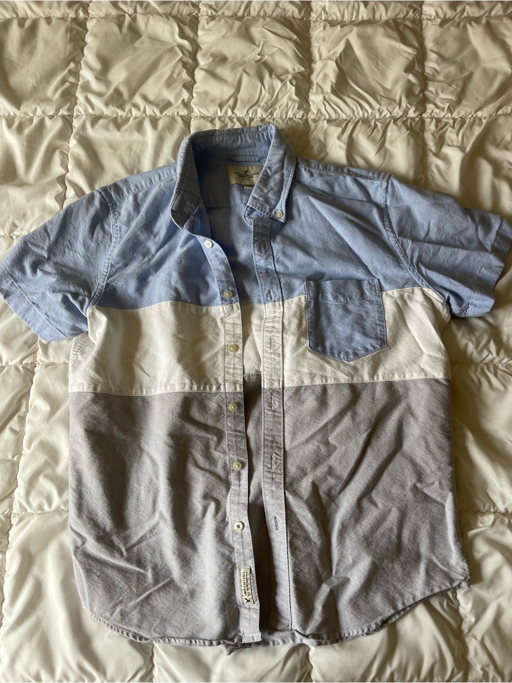 Men's Colorblock Short-Sleeve Button-Up Shirt - Light Blue/White/Gray
